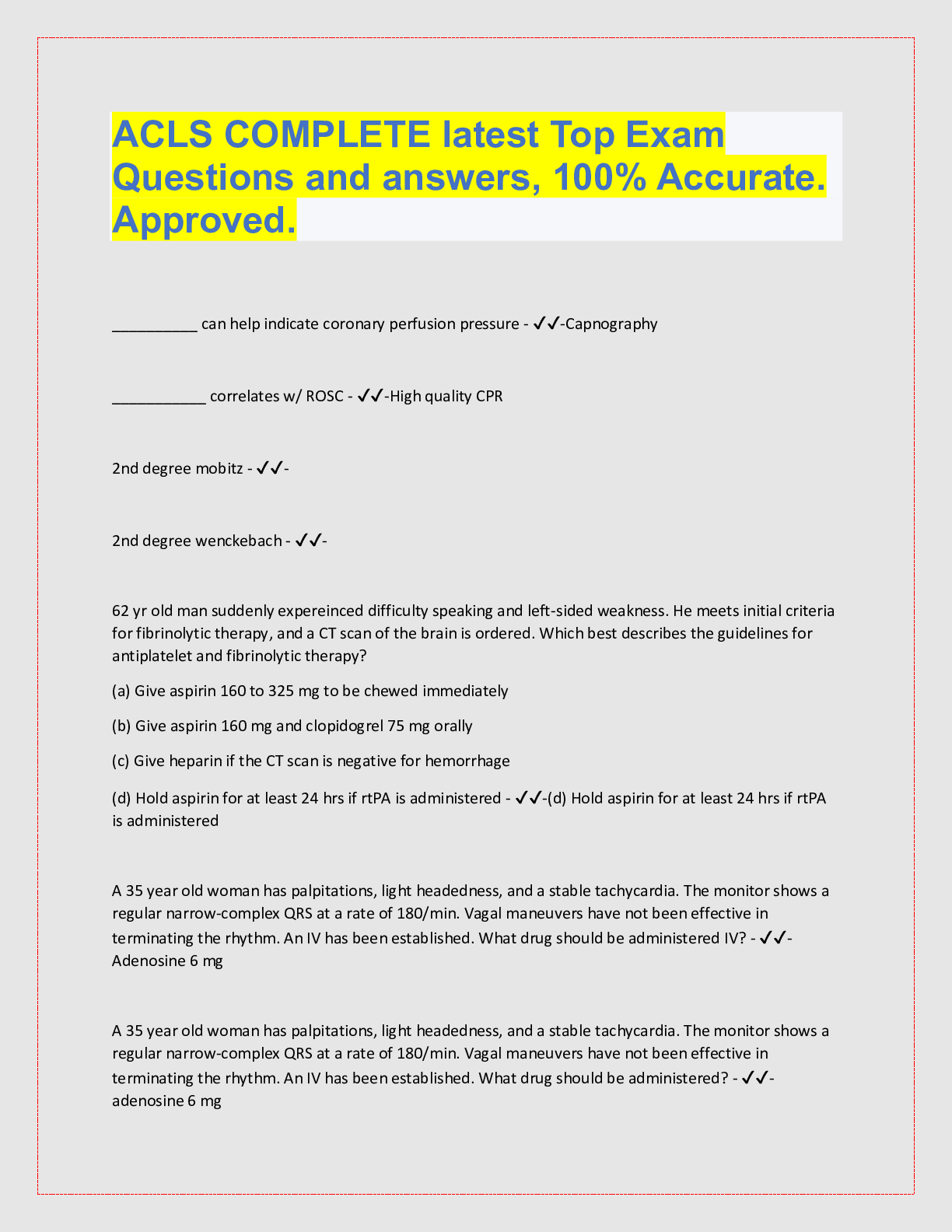 Preview image for ACLS COMPLETE latest Top Exam  Questions and answers, 100% Accurate.  Approved.